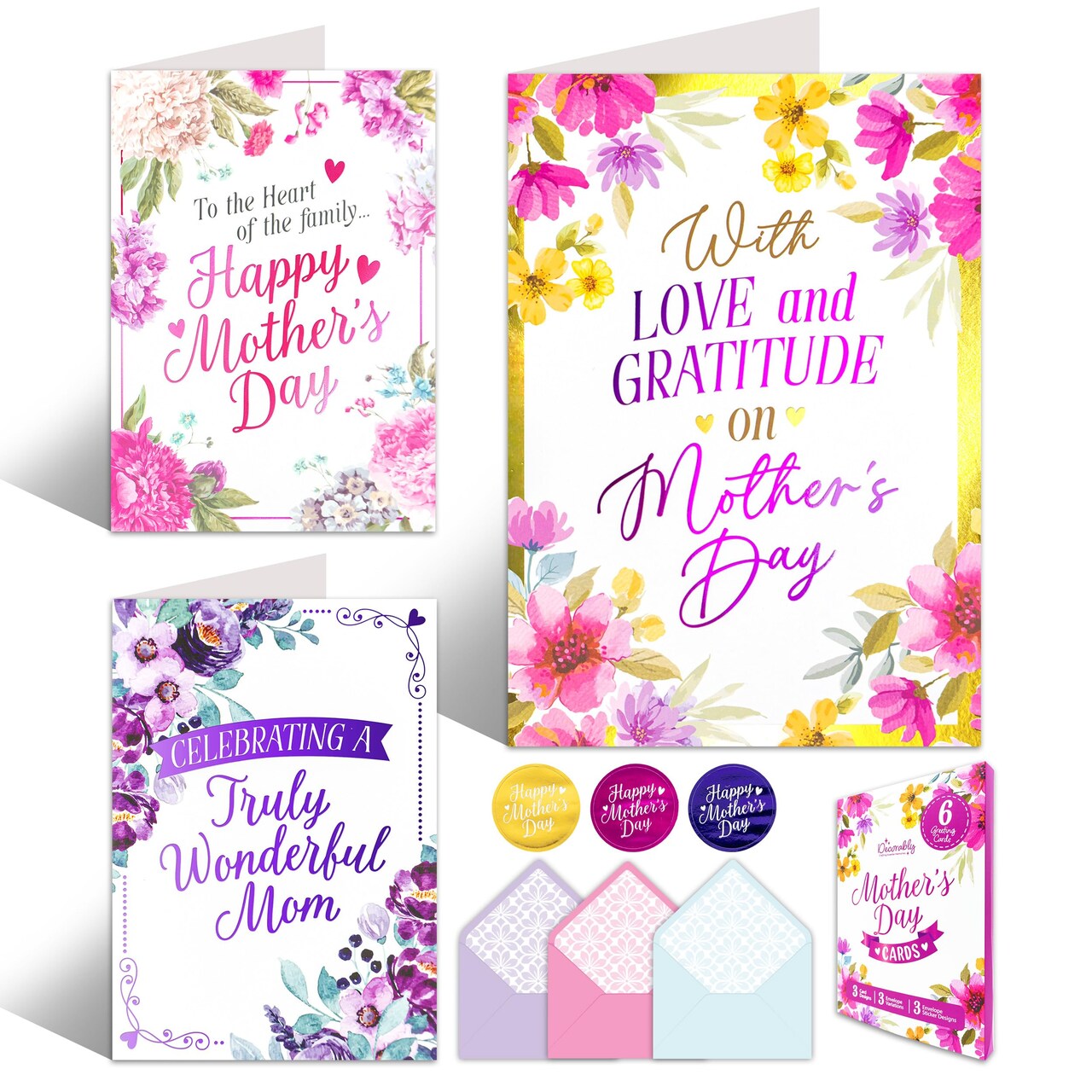 6 Pack Foiled 5x7in Mothers Day Cards Pack with Envelopes and Stickers, 3 Floral Designs Mother's Day Cards Pack with Printed Message Inside